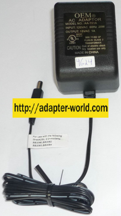 OEM AA-151A AC ADAPTER 15VAC 1A ~(~) 2x5.5mm POWER SUPPLY