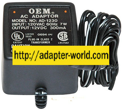 OEM AD-1230 AC ADAPTER 12VDC 300mA -( )- 2.5x5.5mm Linear Power