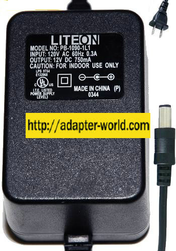 LITEON PB-1090-1L1 AC ADAPTER 12VDC 750mA -( ) 2x5.5mm 120Vac Us