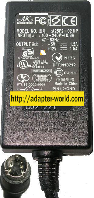 AKII Technology A25F2-02 MP AC adapter 5Vdc 12Vdc 1.5A 25W Power