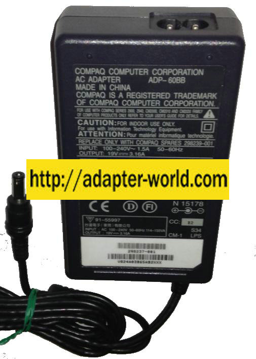 COMPAQ ADP-60BB AC ADAPTER 19VDC 3.16A New 2.5x5.5mm -( )- 100- - Click Image to Close