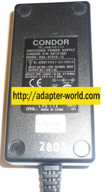 CONDOR DSA-0151D-12 AC ADAPTER 12V DC 1.5A 2pins Mo POWER SUPPL - Click Image to Close