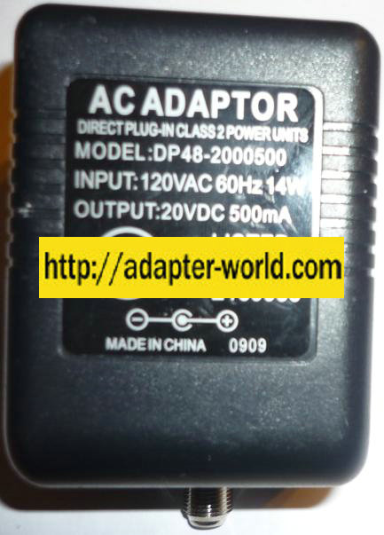 AC Adaptor DP48-2000500 20V DC 500mA -( ) RF POWER SUPPLY Adapte - Click Image to Close