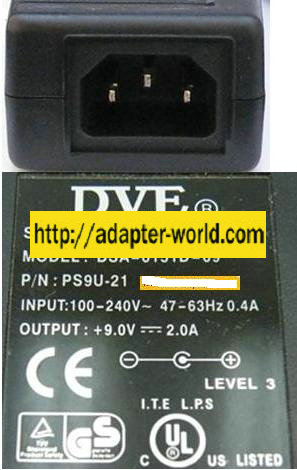 DVE DSA-0151D-09 AC ADAPTER 9Vdc 2A -( )- 2.5x5.5mm 100-240Vac P