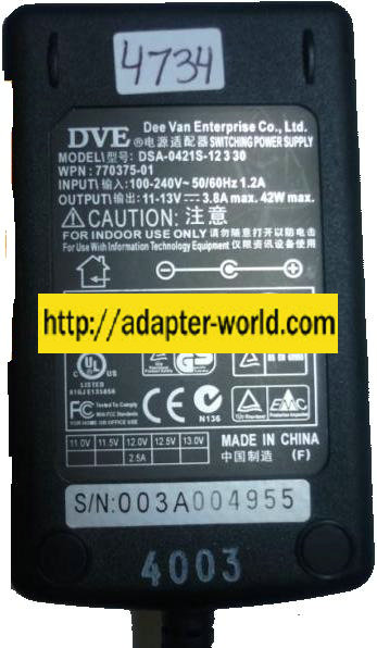 DVE DSA-0421S-12330 AC ADAPTER 13V 3.8A SWITCHING POWER SUPPLY - Click Image to Close