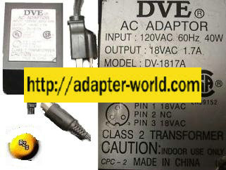 DVE DV-1817A AC ADAPTER 18VAC 1.7A PLUG-IN CLASS 2 TRANSFORMER - Click Image to Close