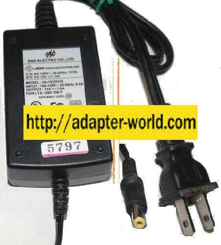 ENG 3A-152DU15 AC ADAPTER 15Vdc 1A -( ) 1.5x4.7mm ite power supp - Click Image to Close