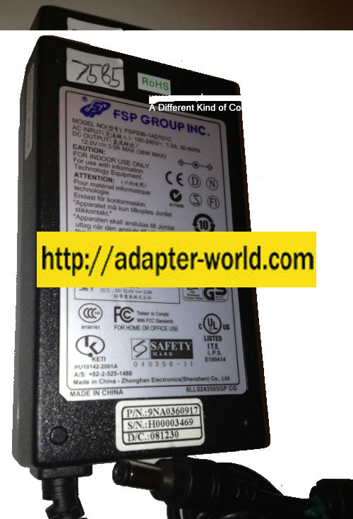 FSP FSP036-1AD101C AC ADAPTER 12VDC 3A New (-) 2.5 x 5.5 - Click Image to Close