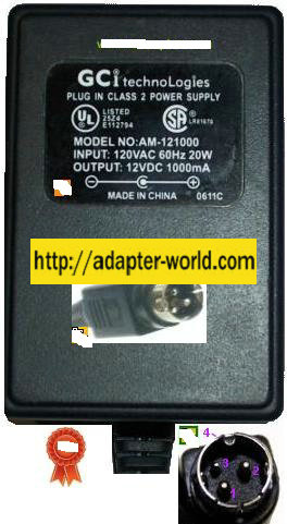 GCI AM-121000 3Pin AC ADAPTER 12VDC 1A 3Pin Amigo 1000mA 20W Plu - Click Image to Close