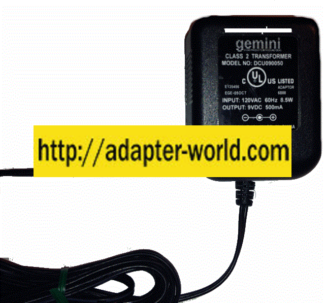 GEMINI DCU090050 AC ADAPTER 9VDC 500mA New -( )- 2.5x5.4mm Stra - Click Image to Close