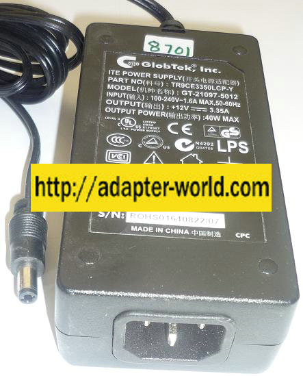 GLOBTEK GT-21097-5012 AC ADAPTER 12VDC 3.35A 40W NEW -( ) 2.5x - Click Image to Close