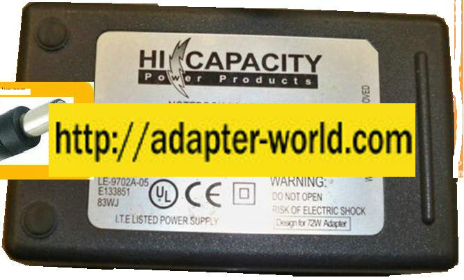 HI CAPACITY LE-9720A-05 AC ADAPTER 15-17Vdc 3.5A -( ) 2.5x5.5mm