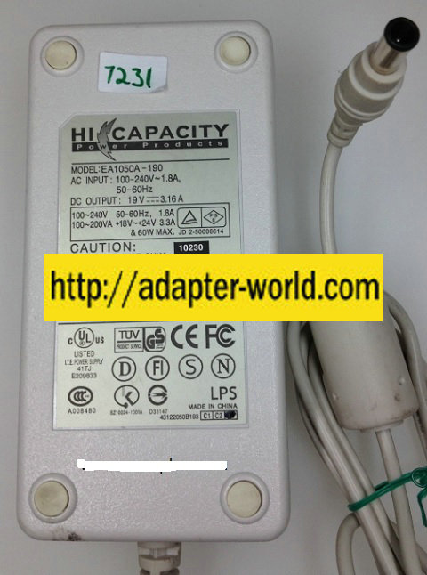 HI CAPACITY EA1050A-190 AC ADAPTER 19VDC 3.16A New 5 x 6 x 11