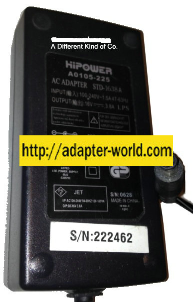HIPOWER A0105-225 AC ADAPTER 16VDC 3.8A New -( )- 1 x 4.5 x 6 x - Click Image to Close