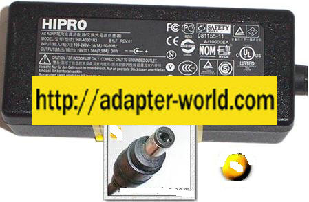 HIPRO HP-A0301R3 AC ADAPTER 19Vdc 1.58A -( ) 1.5x5.5mm New 100- - Click Image to Close