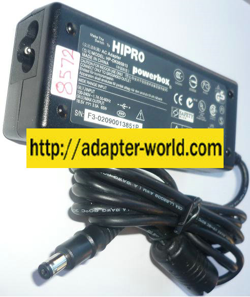 HIPRO HP-OK065B13 AC ADAPTER 18.5VDC 3.5A 65W NEW -( ) 2x5.5x9. - Click Image to Close