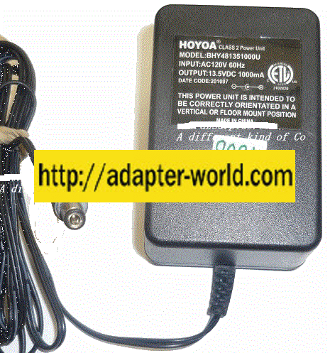 HOYOA BHY481351000U AC ADAPTER 13.5VDC 1000mA NEW -( ) 2.5x5.5x - Click Image to Close
