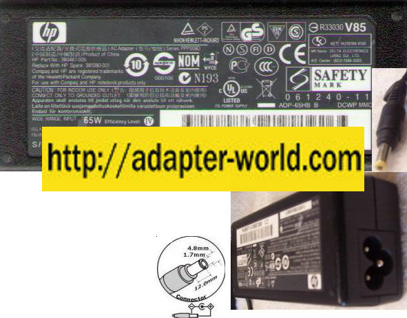 HP COMPAQ ADP-65HB B AC ADAPTER 18.5VDC 3.5A -( ) 1.7x4.8mm New - Click Image to Close
