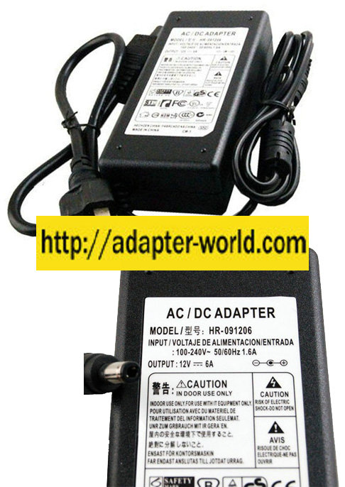 HR-091206 AC ADAPTER 12VDC 6A -( ) New 2.4 x 5.4 x 12mm Straigh - Click Image to Close