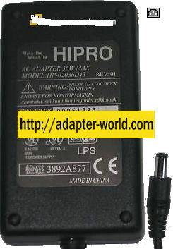 HIPRO HP-02036D43 AC ADAPTER 12VDC 3A -( ) 36W POWER SUPPLY - Click Image to Close