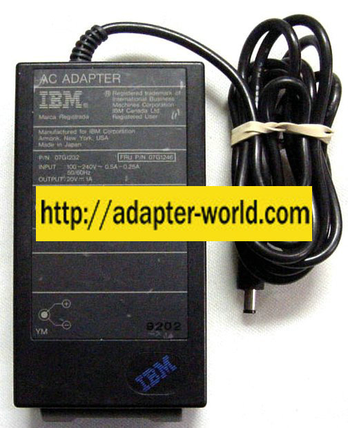 IBM 07G1232 AC Adapter 20VDC 1A 07G1246 Power Supply ThinkPad - Click Image to Close