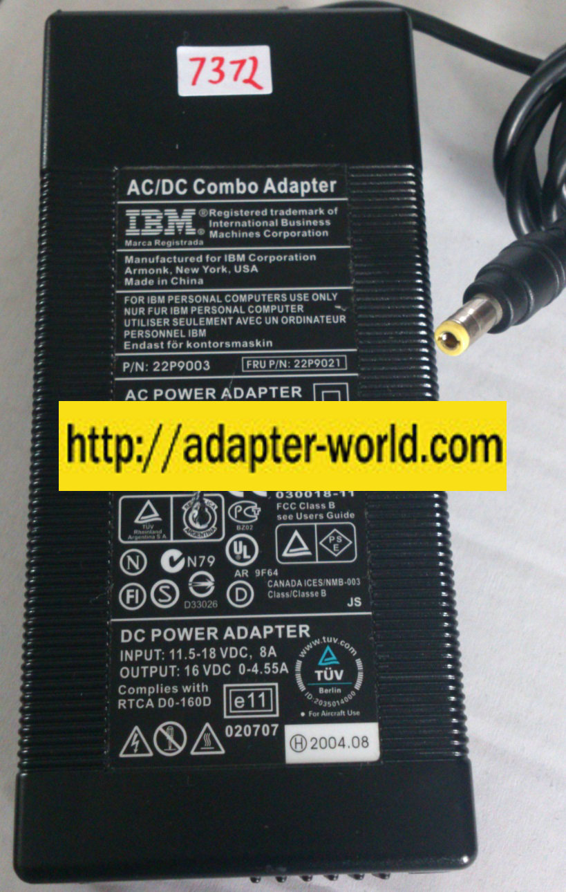 IBM 22P9003 AC ADAPTER 16VDC 0-4.55A NEW -( )- 2.5x5.5x11mm