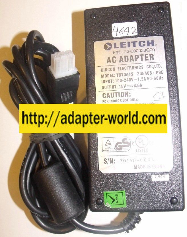 LEITCH TR70A15 205A65 PSE AC ADAPTER 15VDC 4.6A 6Pin POWER SUPPL - Click Image to Close