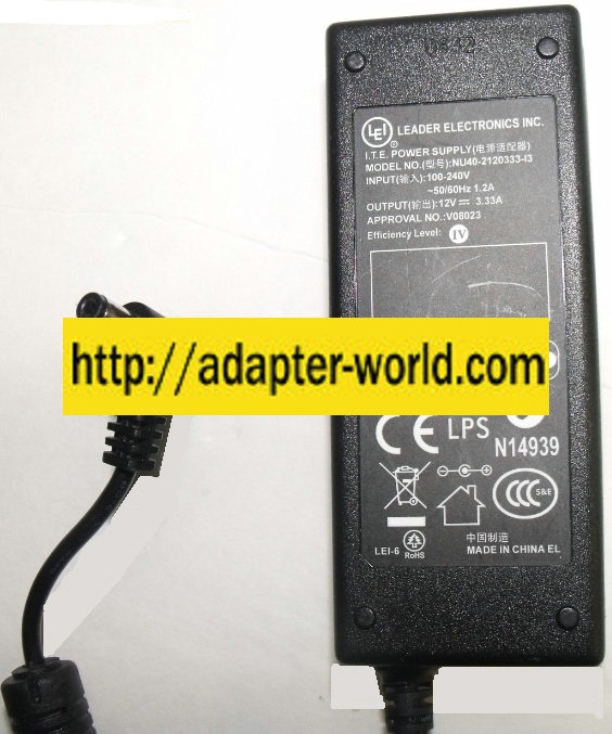 LEI NU40-2120333-I3 AC ADAPTER 12VDC 3.33V NEW -( ) 2.5x5.5mm 9