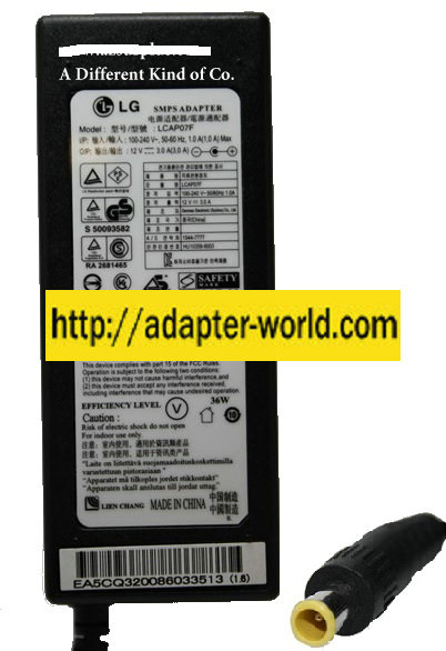 LG LCAP07F AC ADAPTER 12VDC 3A New -( ) 4.4x6.5mm Straight Roun - Click Image to Close