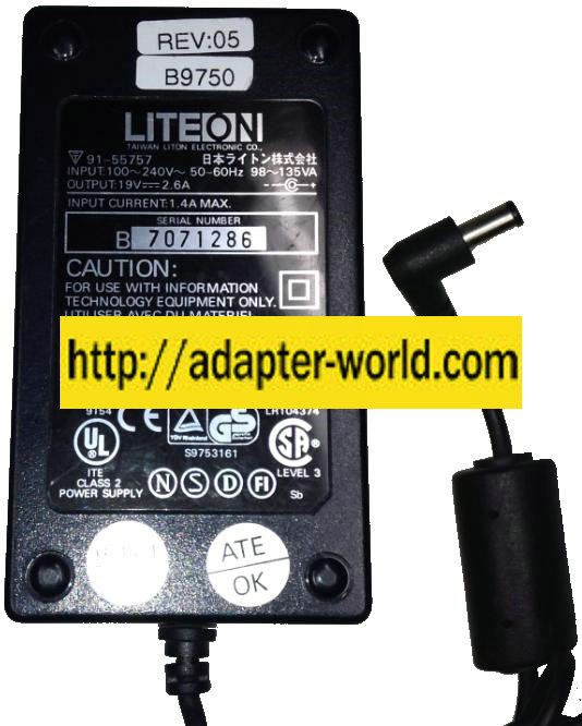 LITEON PA-1480-19T AC ADAPTER (1.7x5.5) -( )- 19VDC 2.6A NEW 1.