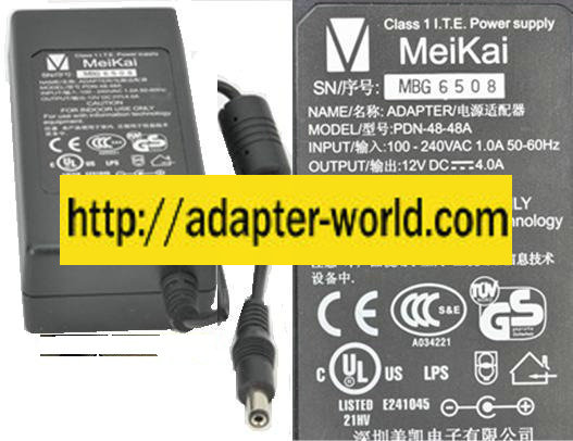 MEIKAI PDN-48-48A AC ADAPTER 12Vdc 4A New -( ) 2x5.5mm 100-240v