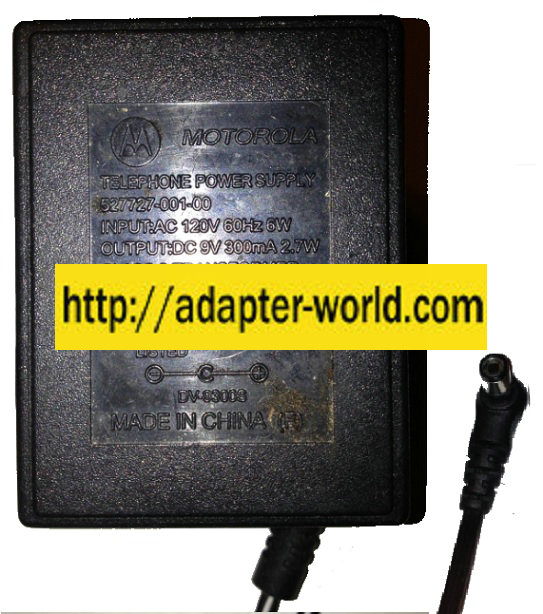 MOTOROLA 527727-001-00 AC ADAPTER 9VDC 300mA 2.7W New -( )- 2.1 - Click Image to Close