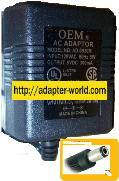OEM AD-0930M AC ADAPTER 9VDC 300mA -( )- 2x5.5mm 120vac PLUG IN - Click Image to Close