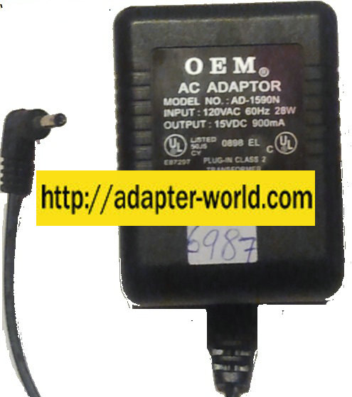 OEM AD-1590N AC ADAPTER 15VDC 900mA - ---C--- New 1.1 x 3.5 x - Click Image to Close