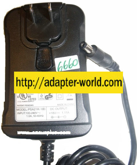 PHIONG PSA21R-180 AC ADAPTER 18VDC 1.11A New 2.7 x 5.4 x 10.4 m - Click Image to Close