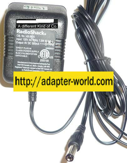 RADIOSHACK 43-3825 AC ADAPTER 9VDC 300mA NEW -( ) 2x5.5x11.9mm - Click Image to Close