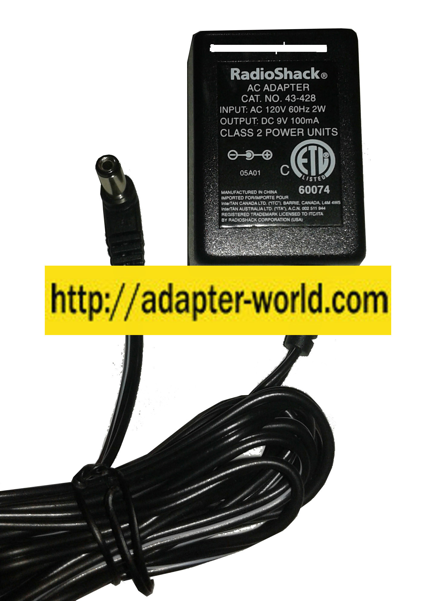 RADIOSHACK 43-428 AC ADAPTER 9VDC 100mA (-) New 2x5.4mm 90 ° - Click Image to Close