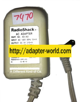 RADIOSHACK AD-362 AC ADAPTER 9VDC 210mA New -( )- 2.1 x 5.5 x 1