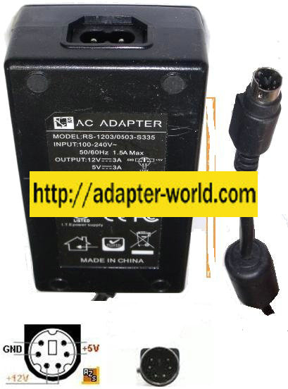 RS RS-1203/0503-S335 AC ADAPTER 12Vdc 5Vdc 3A 6PIN DIN 9mm 100VA