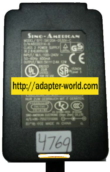 SINO-AMERICAN SA120A-0530V-C AC ADAPTER 5V 2.4A CLASS 2 POWER SU - Click Image to Close