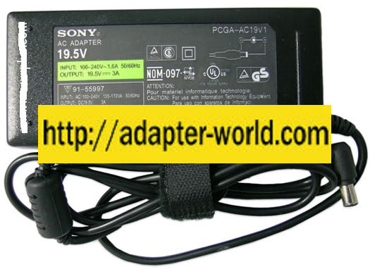 SONY PCGA-AC19V1 AC ADAPTER 19.5 3A New -( ) 4.4x6.5mm 90 ° 100- - Click Image to Close