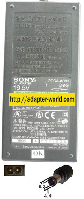 SONY PCGA-ACX1 AC ADAPTER 19.5VDC 2.15A NOTEBOOK POWER SUPPLY - Click Image to Close