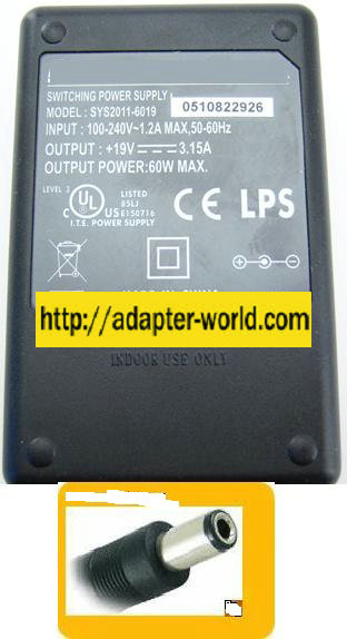 SUNNY SYS2011-6019 AC ADAPTER 19V 3.15A SWITCHING POWER SUPPLY - Click Image to Close