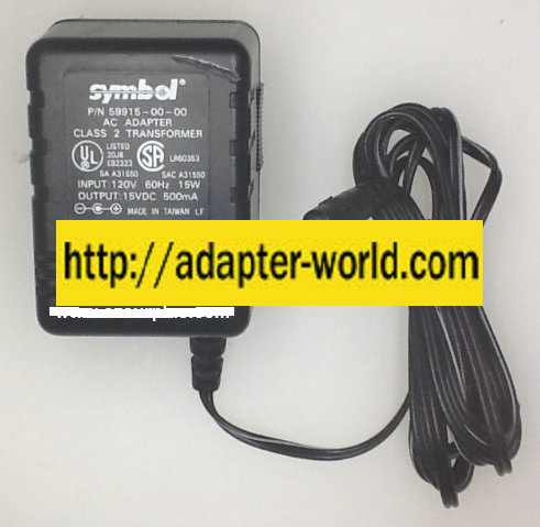 SYMBOL 59915-00-00 AC ADAPTER 15VDC 500mA New -( )- 2 x 5.4 x 1 - Click Image to Close