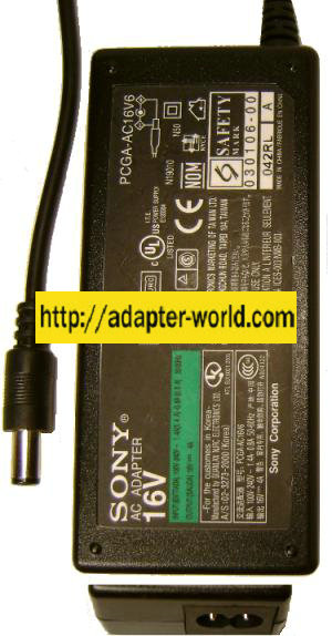 Sony PCGA-AC16V6 AC Adapter 16VDC 4A -( ) 3x6.5mm POWER SUPPLY f - Click Image to Close