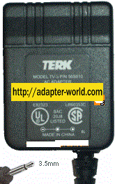 TERK TV-5 AC ADAPTER 12VDC 100mA (-)- 3.5mm Mono 120Vac CLASS 2 - Click Image to Close