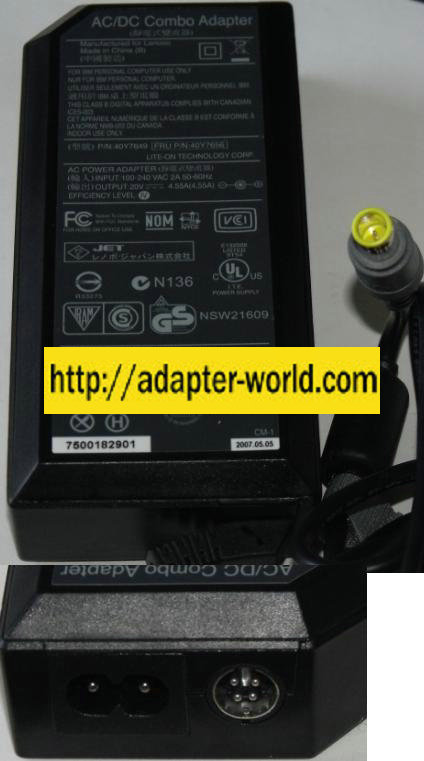 THINKPAD 40Y7649 AC ADAPTER 20VDC 4.55A NEW -( )- 5.5x7.9mm Rou - Click Image to Close