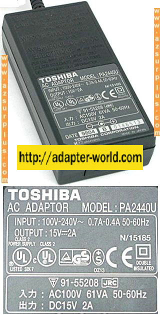 TOSHIBA PA2440U AC ADAPTER 15VDC 2A LAPTOP POWER SUPPLY