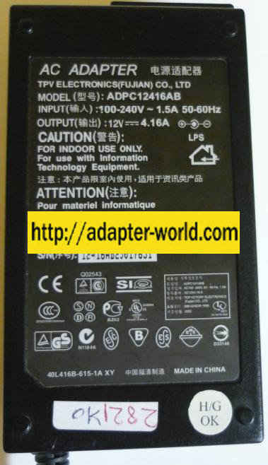 TPV ADPC12416AB AC ADAPTER 12V 4.16A ACER NOTEBOOK POWER SUPPLY