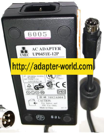UMEC UP0451E-12P AC ADAPTER 12Vdc 3.75A (: :) 4PIN mini DIN 10mm